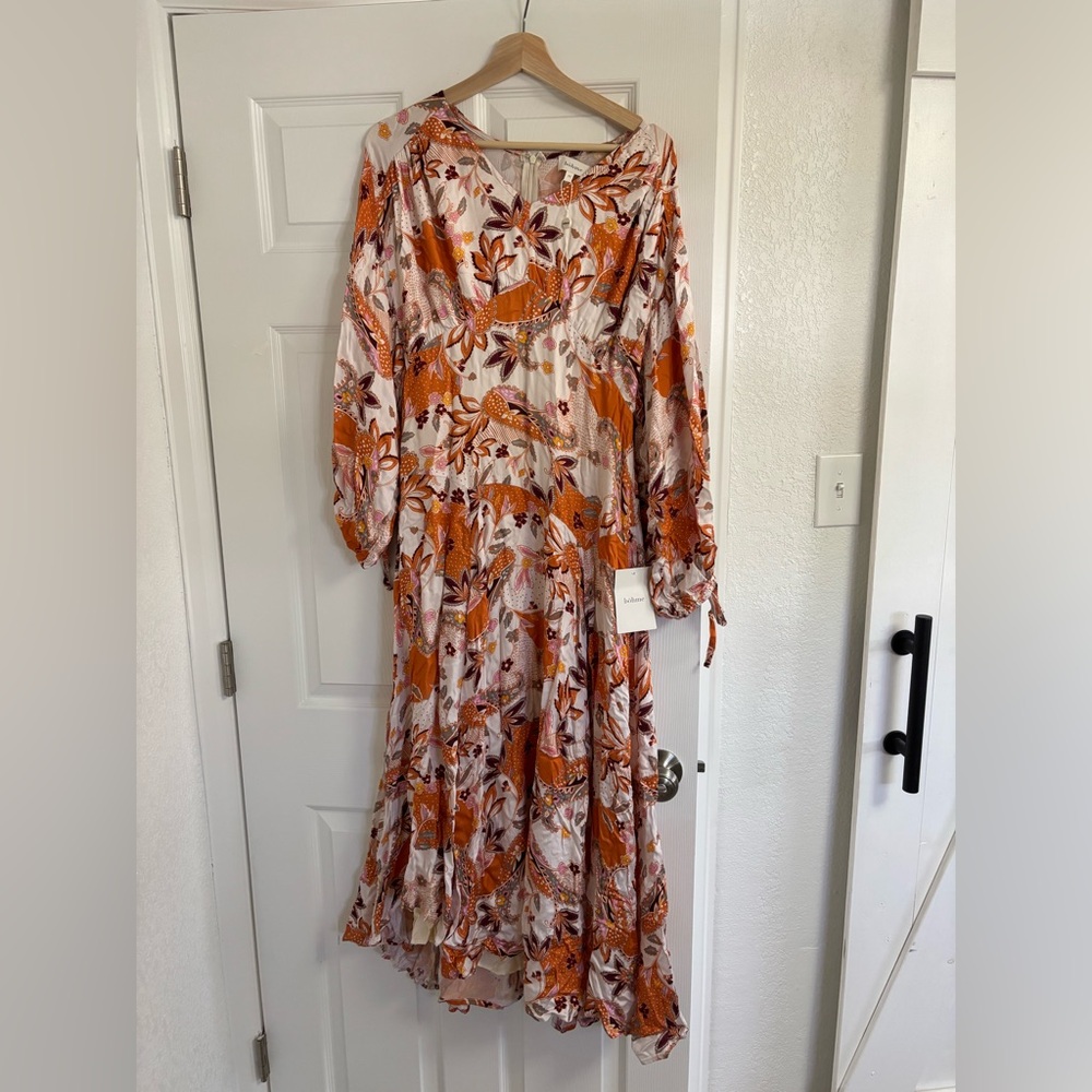 Bohme Vibrant Floral Long Sleeve Dress - Orange and Cream
